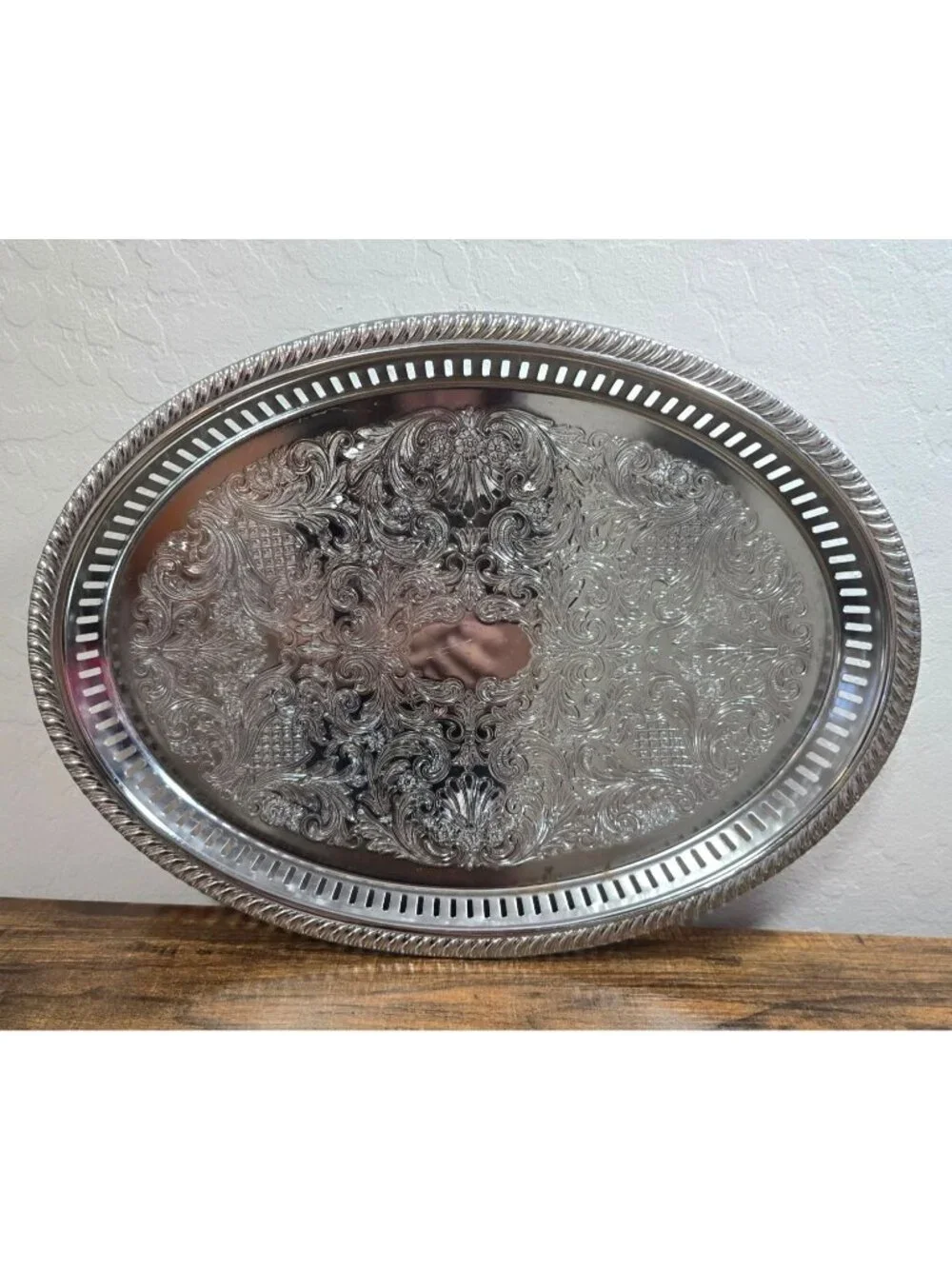 Vintage Irvinware Silver Oval Serving Tray Etched Design & Reticulated 16